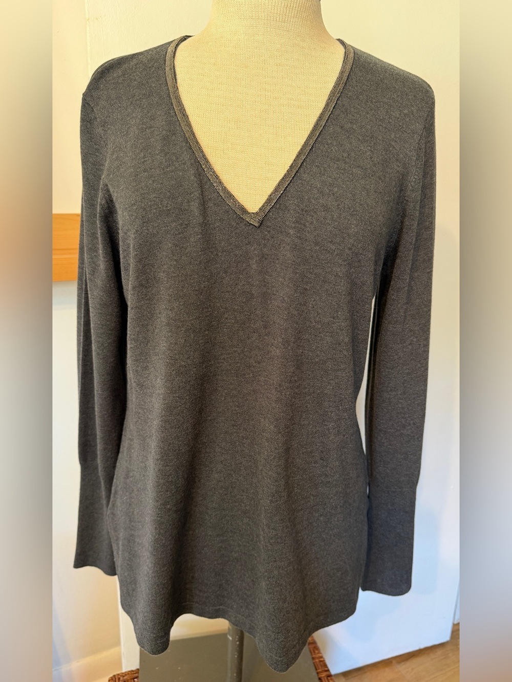 ecru Women's Soft V-Neck Sweater with Silver Mesh Trim and Unique Back